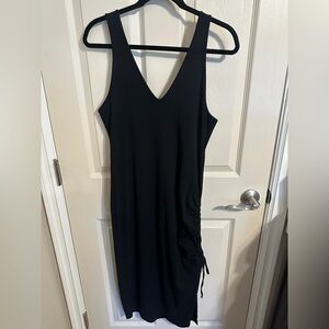 A New Day Sleeveless Ribbed Side-Ruched w Tie V- Neck Dress, Black, Sz L